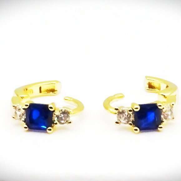 SAVVY CIE JEWELRY September Birthstone Gold Plated Blue & Clear CZ Hoop Earrings - Picture 1 of 5